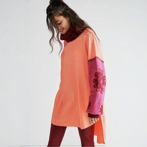 Free People Oversized Make It Cozy Coral Thermal Tunic Top Sweater Sleeves Sz S